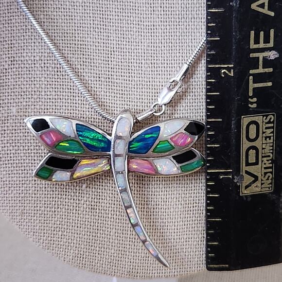Vintage Sterling Silver Colorful DRAGONFLY Pendant Brooch with 18" Chain - Picture 9 of 10